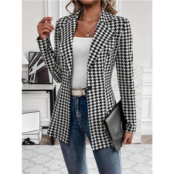 Houndstooth Print Lapel Collar Blazer - Picture 2 of 5